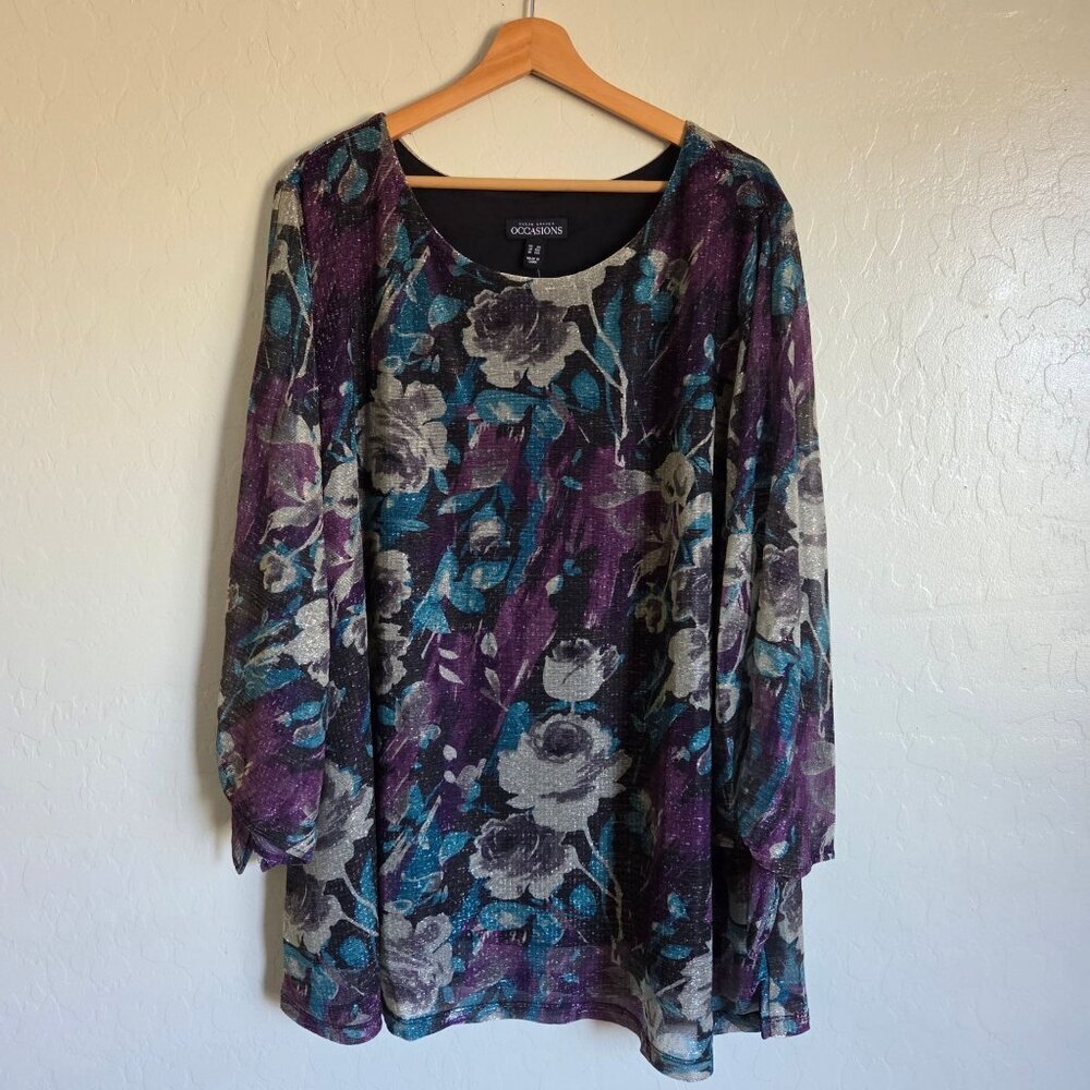 Susan Graver Occasions Foil Printed Knit Tie-Sleeve Blouse Top Plum/Teal 3X NWOT